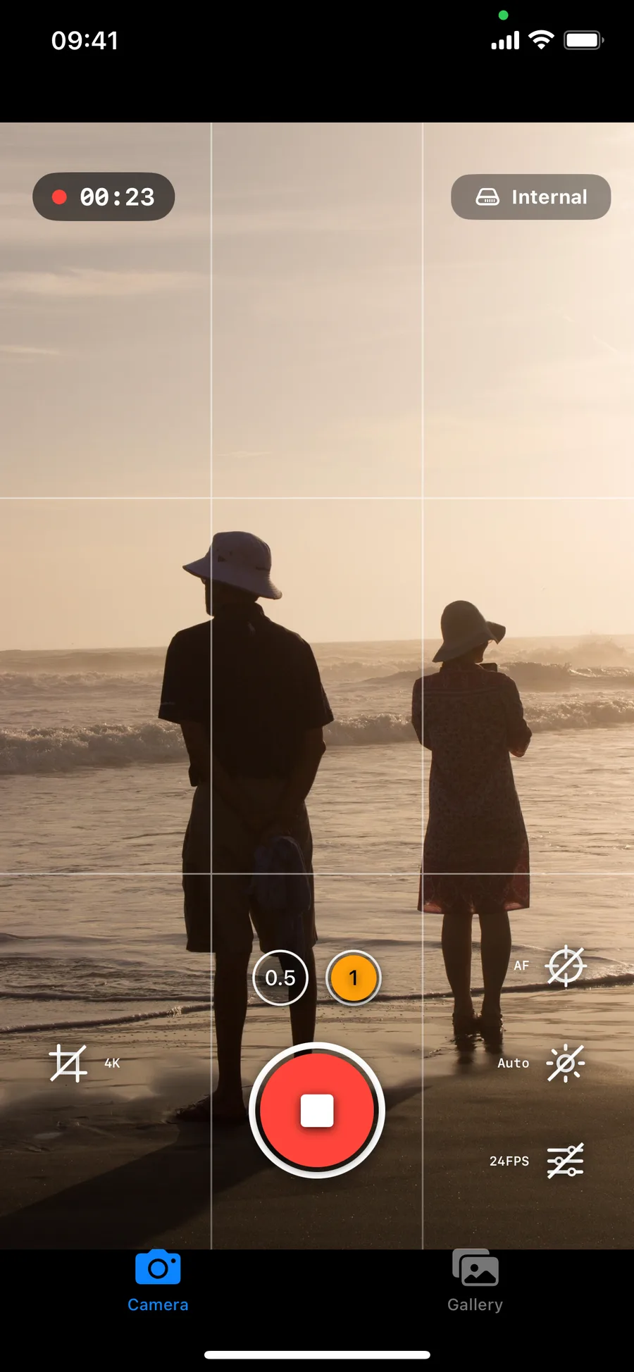 RAW Cam camera interface with recording timer, grid and live controls