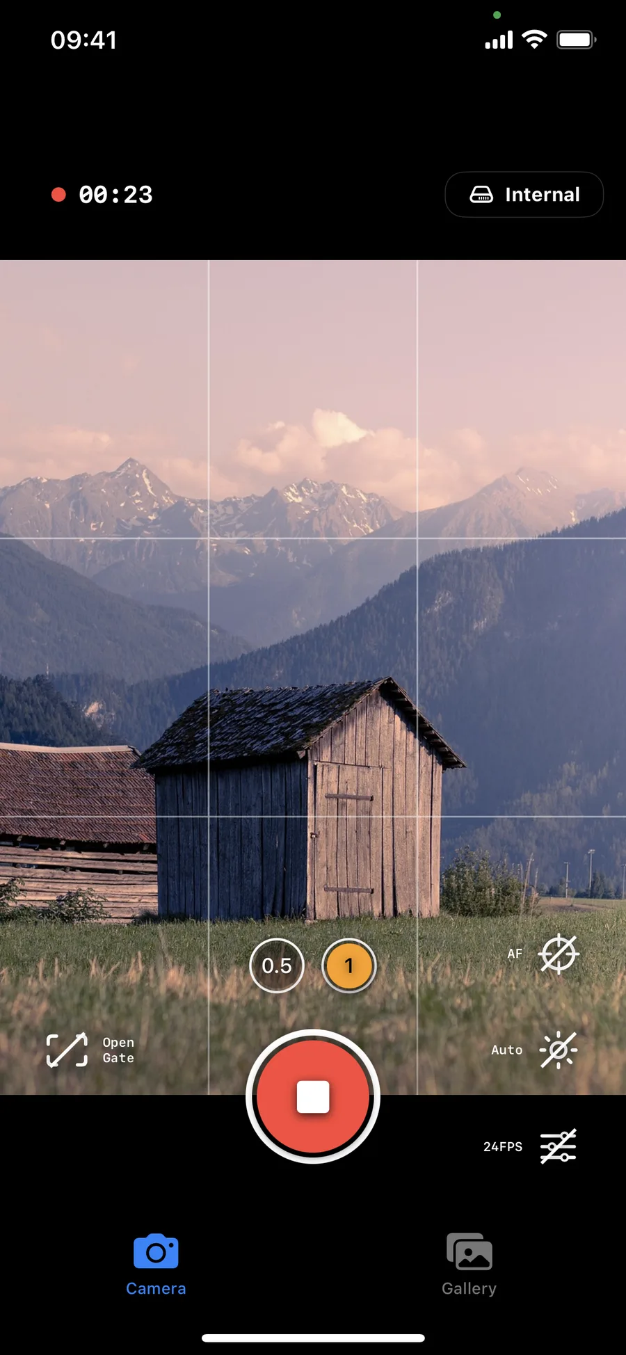 RAW Cam open gate mode indicator on mountain landscape scene