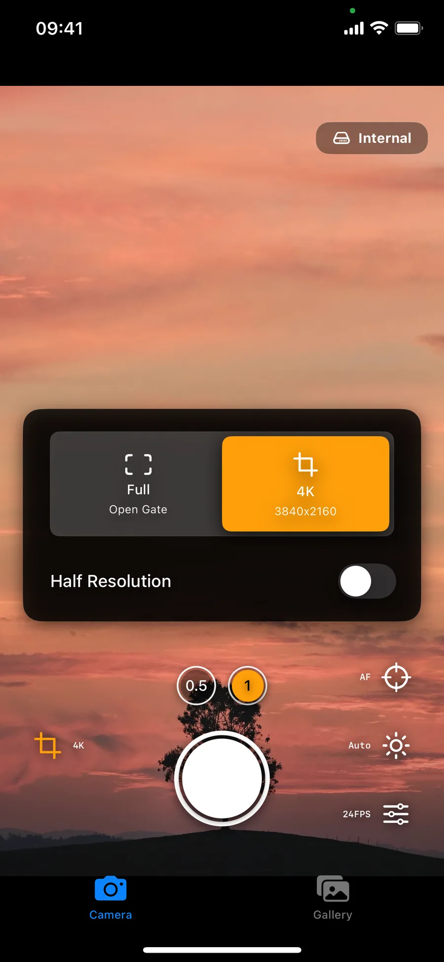RAW Cam capture type panel with full open gate and 4K mode selection