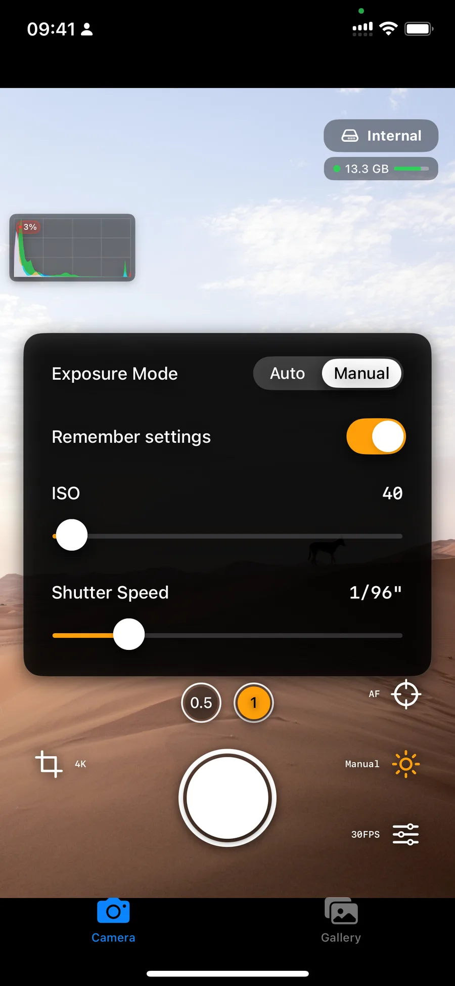 RAW Cam manual exposure panel showing ISO and shutter speed sliders